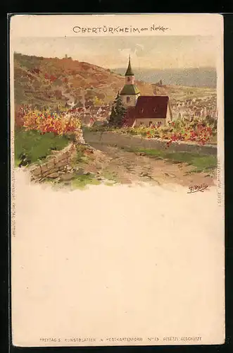 Lithographie Obertürkheim /Neckar, Kirche im Herbst