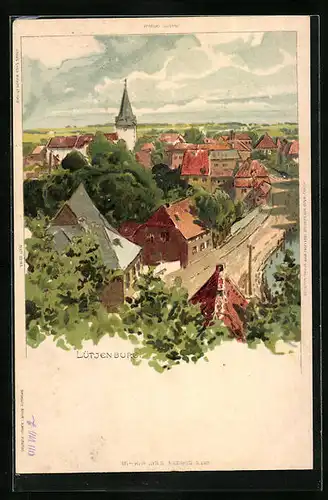 Lithographie Lütjenburg, Totalansicht mit Kirche