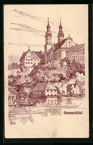 Künstler-AK Obermarchthal, Teilansicht mit Kirche