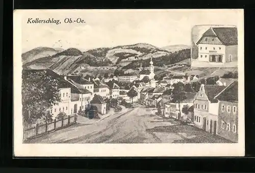 Künstler-AK Kollerschlag, Strassenpartie am Ortseingang