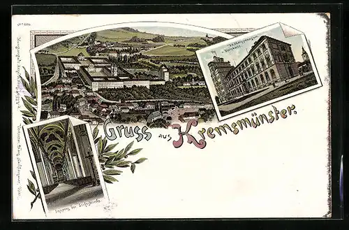 Lithographie Kremsmünster, Inneres der Stiftskirche, K. K. Obergymnasium und Sternwarte, Panorama