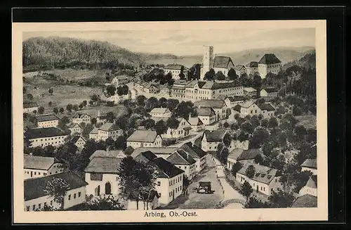 Künstler-AK Arbing, Ortsansicht aus der Vogelschau