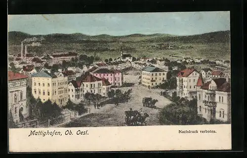 Künstler-AK Mattighofen, Ortspartie aus der Vogelschau