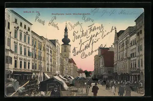 AK Wels, Stadtplatz beim Wochenmarkt