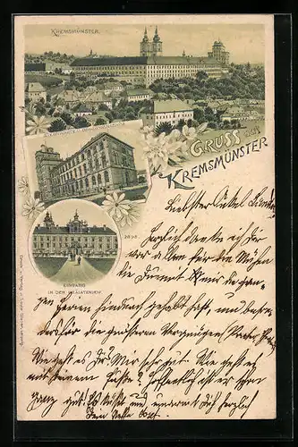 Lithographie Kremsmünster, Sternwarte und Obergymnasium, Eingang in den Prälatenhof