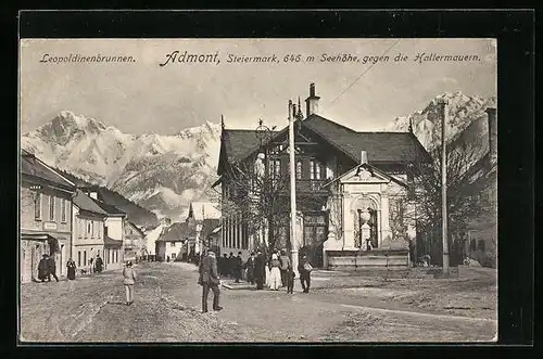 AK Admont, Partie am Leopoldinenbrunnen mit Blick gegen die Hallermauern