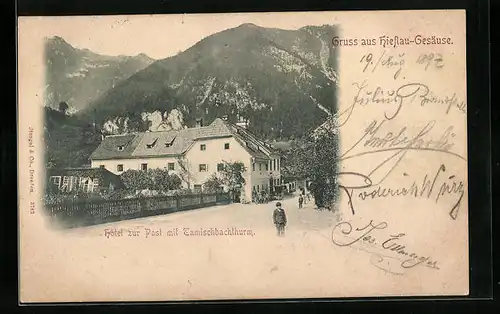 AK Hieflau / Gesäuse, Hotel zur Post mit Tamischbachturm