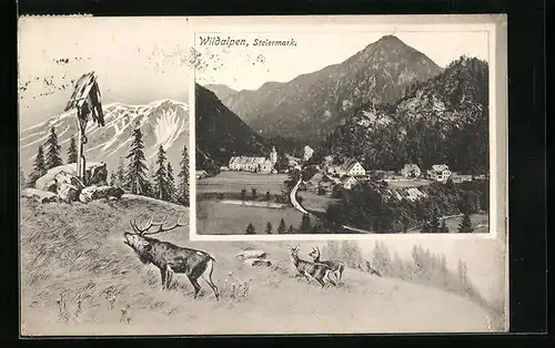 AK Wildalpen, Gesamtansicht mit Bergmassiv, Hirsche am Bildstock