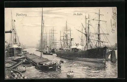 AK Hamburg, Dampfer und Segelschiffe im Hafen