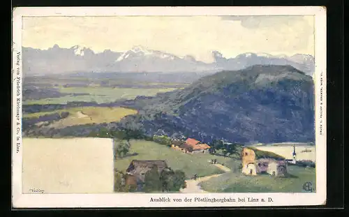 Künstler-AK Ausblick von der Pöstlingbergbahn