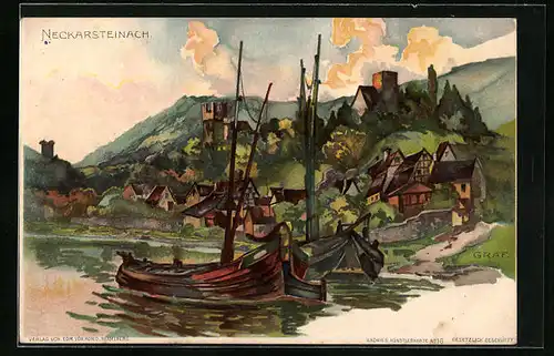 Künstler-AK Neckarsteinach, Uferpartie mit Booten