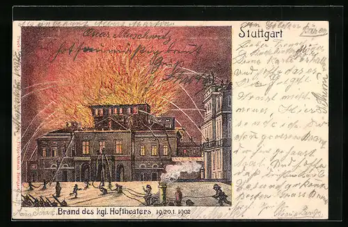 Künstler-AK Stuttgart, Brand des königlichen Hoftheaters 1902