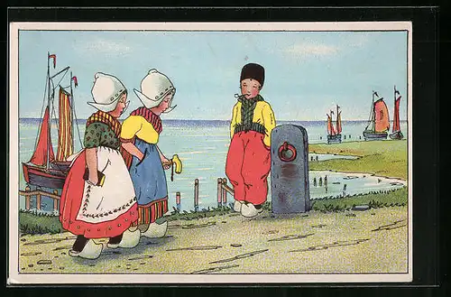 Künstler-AK sign. Felicien Philipp: Holländer und zwei Holländerinnen in Holzschuhen am Ufer mit Segelbooten