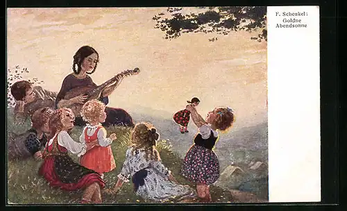 Künstler-AK Franziska Schenkel: Goldene Abendsonne, Junge Leute mit Gitarre und Kindern