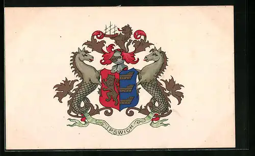 Künstler-AK Ipswich, Seepferdchen und Wappen mit Ritterhelm
