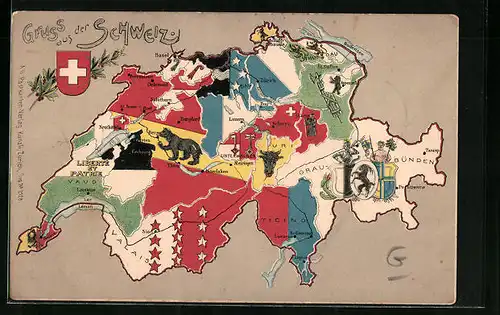 Künstler-AK Luzern, Landkarte mit Basel, Interlaken und Meiringen