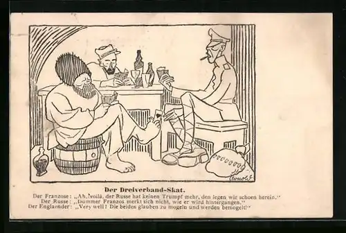 AK Der Dreiverband-Skat, Franzose, Russe und Engländer, Propaganda 1. Weltkrieg