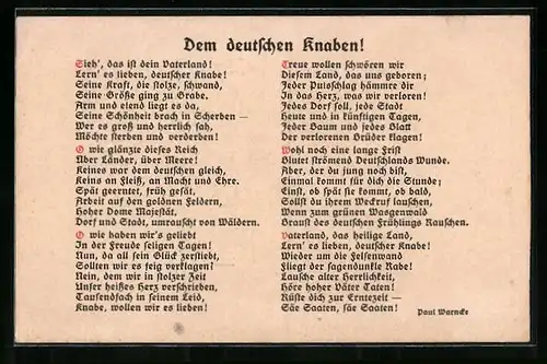 AK Dem deutschen Knaben!, Sieh` das ist dein Vaterland!, Paul Warncke, Propaganda 1. Weltkrieg