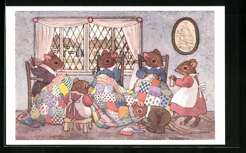 Künstler-AK Margaret Tempest: Mäuse nähen eine Decke, vermenschlichte Tiere