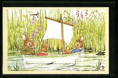 Künstler-AK Margaret Tempest: Jolly Sailors, Drei Hasen im Segelboot