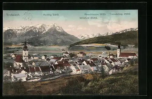 AK Trofaiach, Stadtansicht mit Wildfeld und Rauchkoppe