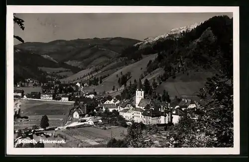 AK Veitsch, Blick über Dorf gegen Gebirge