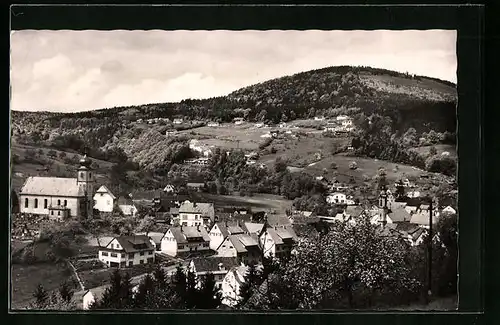 AK Heiligkreuzsteinach bei Heidelberg, Kirche und Ort in hügeliger Landschaft