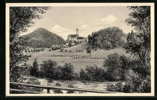 AK Maria Steinbach /bayr. Allgäu, Teilansicht mit Kirche und Fluss