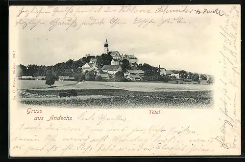 AK Andechs, Ortspartie mit Kirche auf Hügel