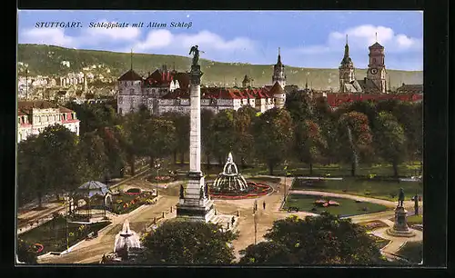AK Stuttgart, Schlossplatz mit Altem Schloss und Säule