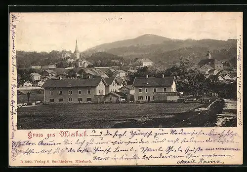 AK Miesbach, Ortspartie mit hügeliger Landschaft