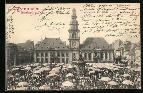 AK Mannheim, Marktplatz mit Rathaus und Denkmal