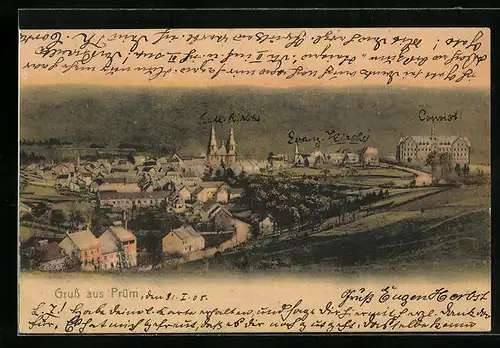 AK Prüm, Ortsansicht mit kath. und evang. Kirche