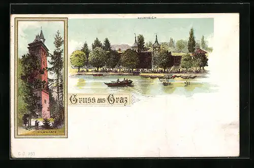 Lithographie Graz, Ansicht Milchwarte und Hilmteich