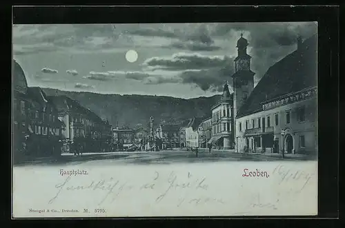 Mondschein-AK Leoben, Ansicht Hauptplatz bei Vollmondnacht