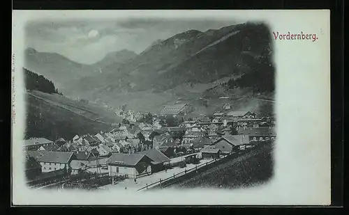 Mondschein-AK Vordernberg, Totalansicht in der Nacht, Vollmond hinter Wolken