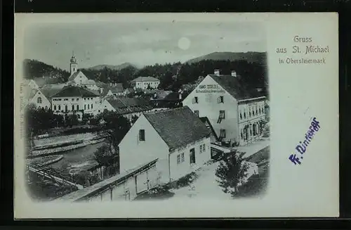 Mondschein-AK St. Michael, Ortsansicht mit Gasthaus von Hanzs Stölzle