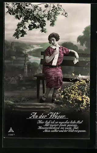 Foto-AK Photochemie Berlin Nr. 5598 /1: Junge Frau bläst Trübsal an der Weser