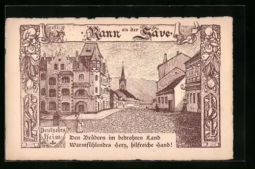 Künstler-AK Rann a. d. Save, Strassenpartie mit Blick zum Kirchturm