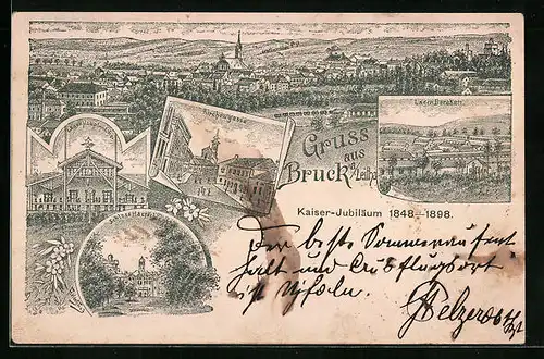 Lithographie Bruck a. Leitha, Kaiser-Jubiläum 1898, Lager-Hauptwache, Kirchengasse