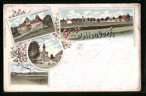 Lithographie Pottendorf, Spinnerei und Bahnhof, Esterhazysches Schloss
