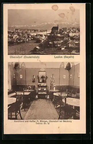 AK Oberndorf, Cafe M. Königer, Ortsansicht mit Laufen
