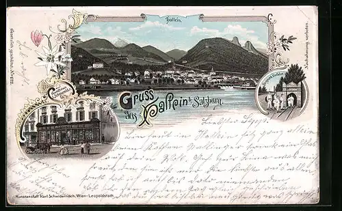 Lithographie Hallein b. Salzburg, Geschäftshaus J. Schmerold, Bergwerkseinfahrt