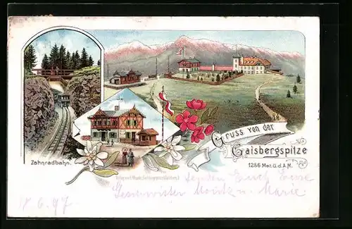 Lithographie Salzburg, Gasthaus auf der Gaisbergspitze, Zahnradbahn