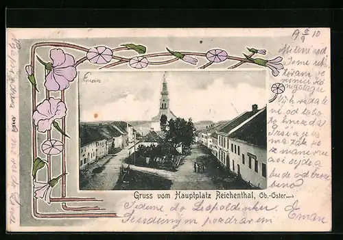 Passepartout-AK Reichenthal, Hauptplatz mit Blick zur Kirche im verzierten Blumenrahmen