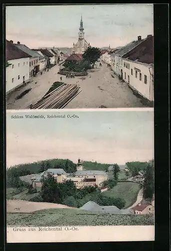 AK Reichental, Schloss Waldenfels, Strassenpartie mit Kirche