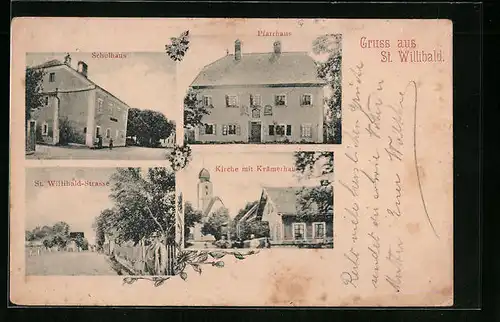 AK St. Willibald, Kirche mit Krämerhaus, Pfarhaus, Schulhaus