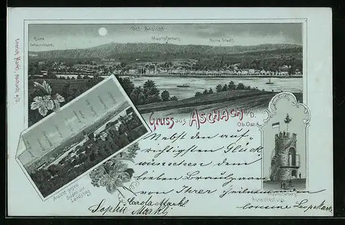 Lithographie Aschach a. D., Ost-Ansicht mit Ruine Schaumburg, Mayrhoferberg und Ruine Stauff
