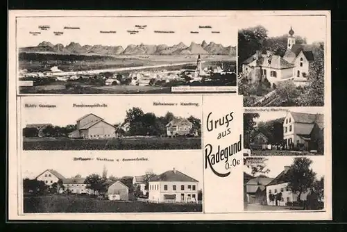 AK Radegund, Habl`s Gasthaus mit Passionsspielhalle u. Eichelseder`s Handlung, Hofbauer`s Gasthaus und Sommerkeller