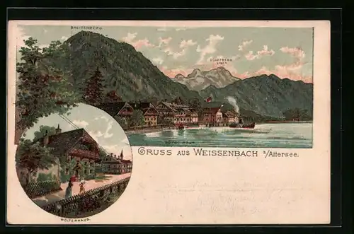 Lithographie Weissenbach a /Attersee, Hôtel Post mit Breitenberg und Schafberg, Wolterhaus